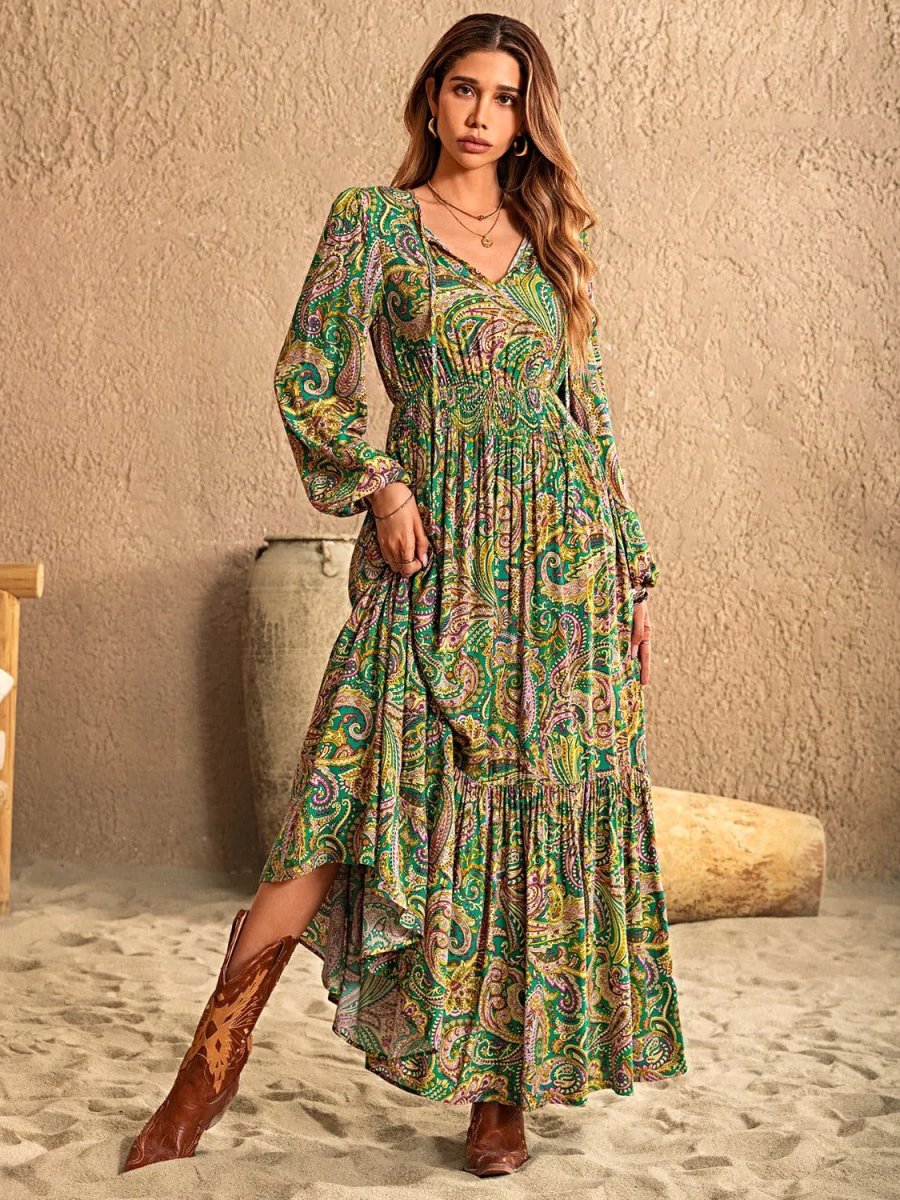 Elegantti printtikuvioinen pitkähihainen mekko, jossa solmittava nauha - 100% viskoosia, peittävä, joustamaton