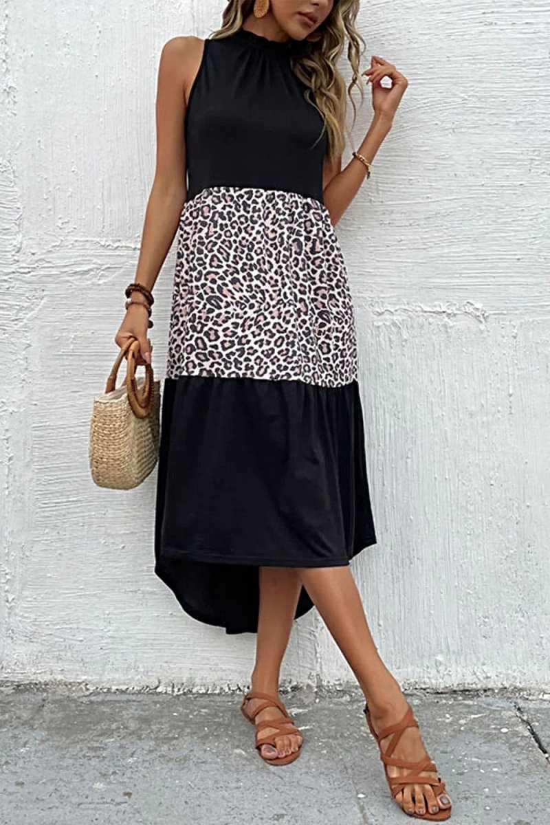 Chic Leopard Print Maxi Dress With High-Low Hem and Mock Neck - Casual Sleeveless Style
