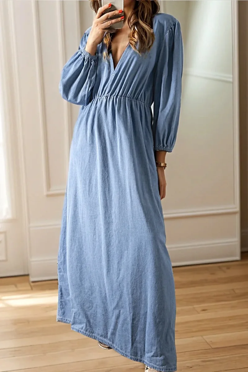 Plunge Denim Dress With Tied Design And Three-Quarter Sleeves - 100% Cotton Classic Elegance