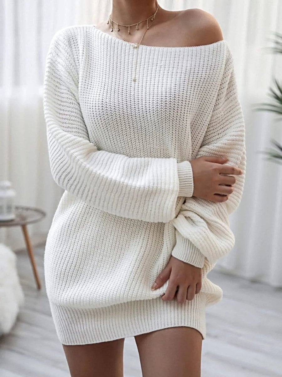 Balloon Sleeve Sweater Dress - Boat Neck Mini Knit Dress With Relaxed Silhouette