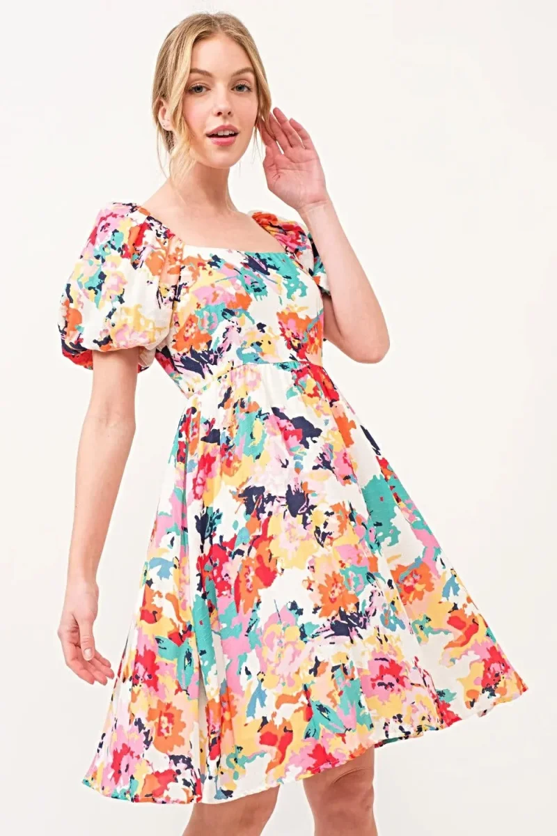 Floral Puff Sleeve Dress with Square Neckline and Pockets - Trendy Women's Fashion