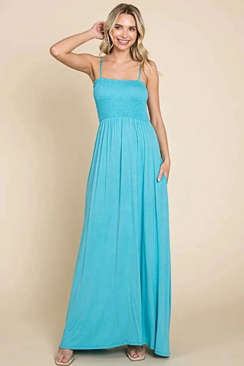 Elegant Smocked Cami Maxi Dress with Pockets - Flattering Fit & Flowing Style