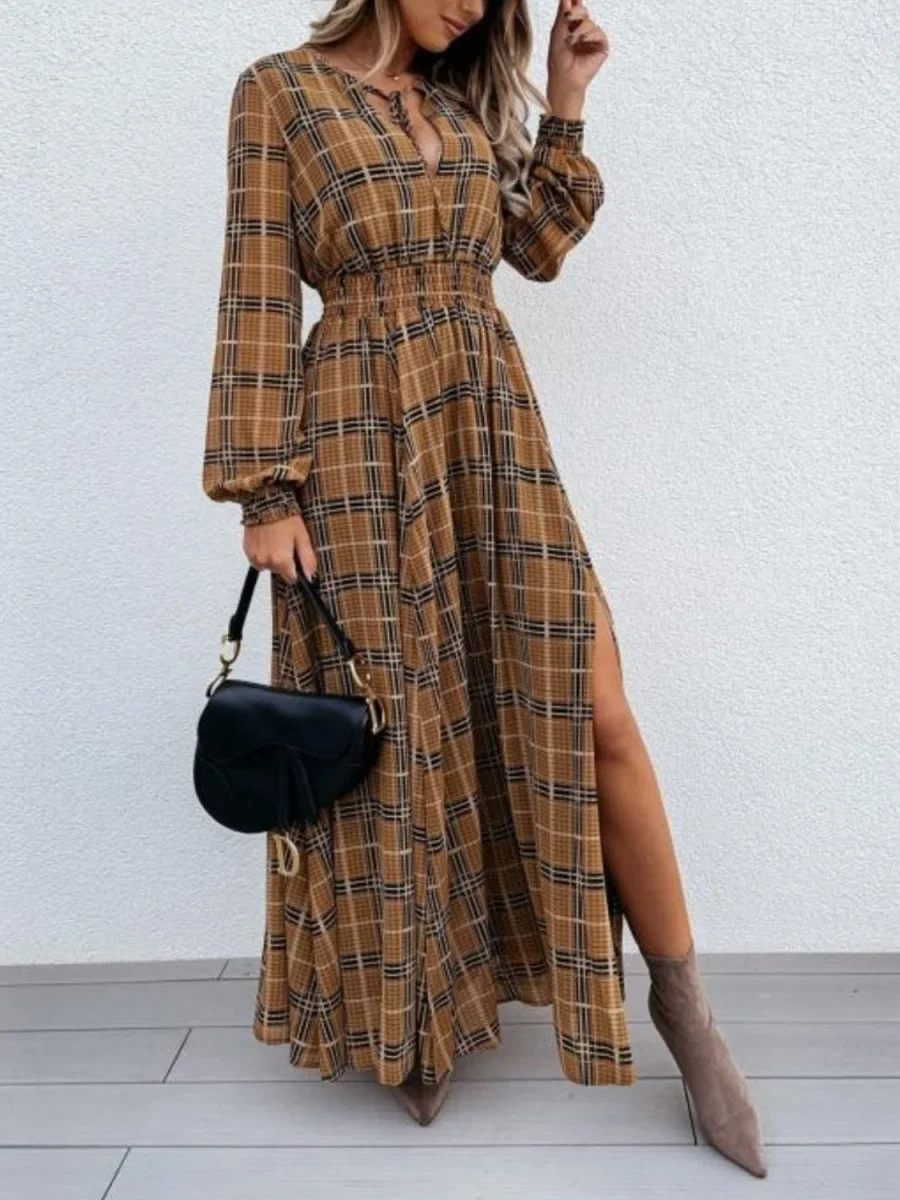 Elegant Plaid Maxi Dress with Slit and Tie Neck, Long Sleeve, 100% Polyester