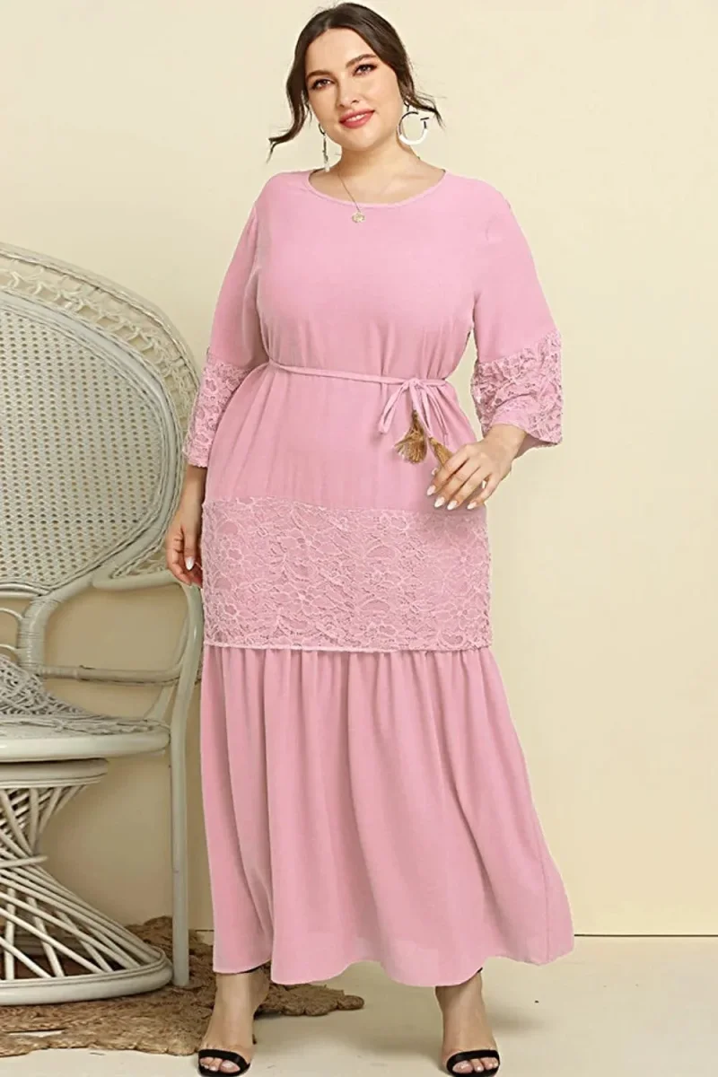 Plus Size Maxi Dress with Spliced Lace and Tassel Belt - Chic Casual Style