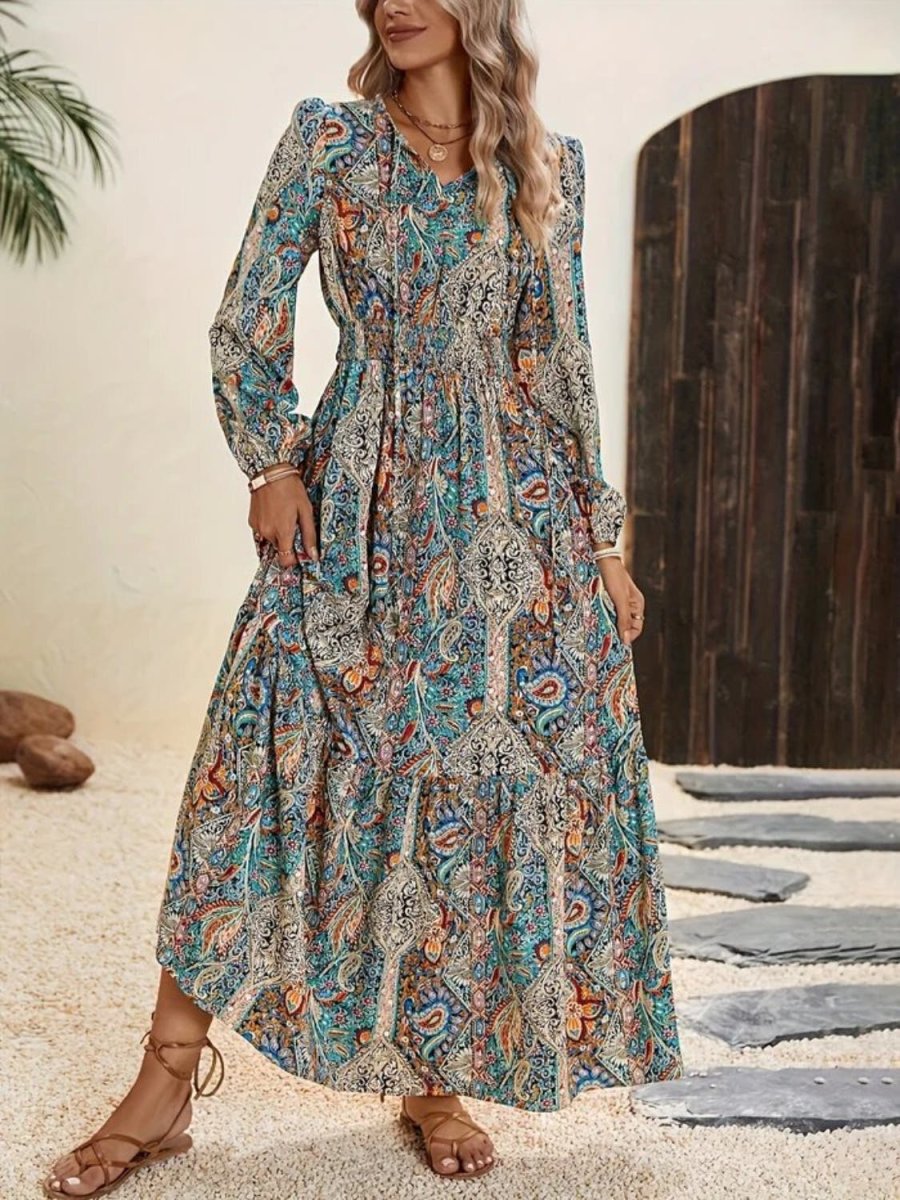 Trendy Printed Tie Neck Long Sleeve Maxi Dress - Fashionable Maxi Dress For Events