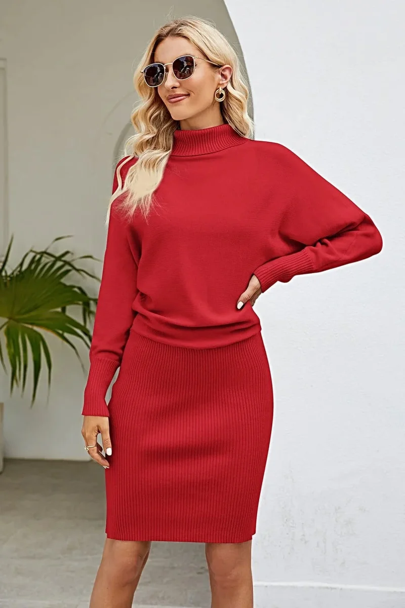 Ribbed Mock Neck Dress: Long Sleeve Viscose-Blend Midi Dress With Stretch Fit