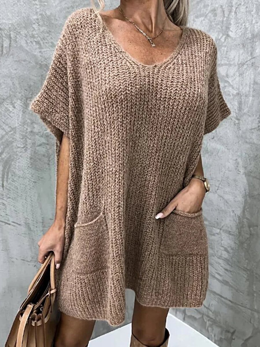 Women's Short Sleeve Sweater Dress With Pockets - Elegant Stretch Knit Style