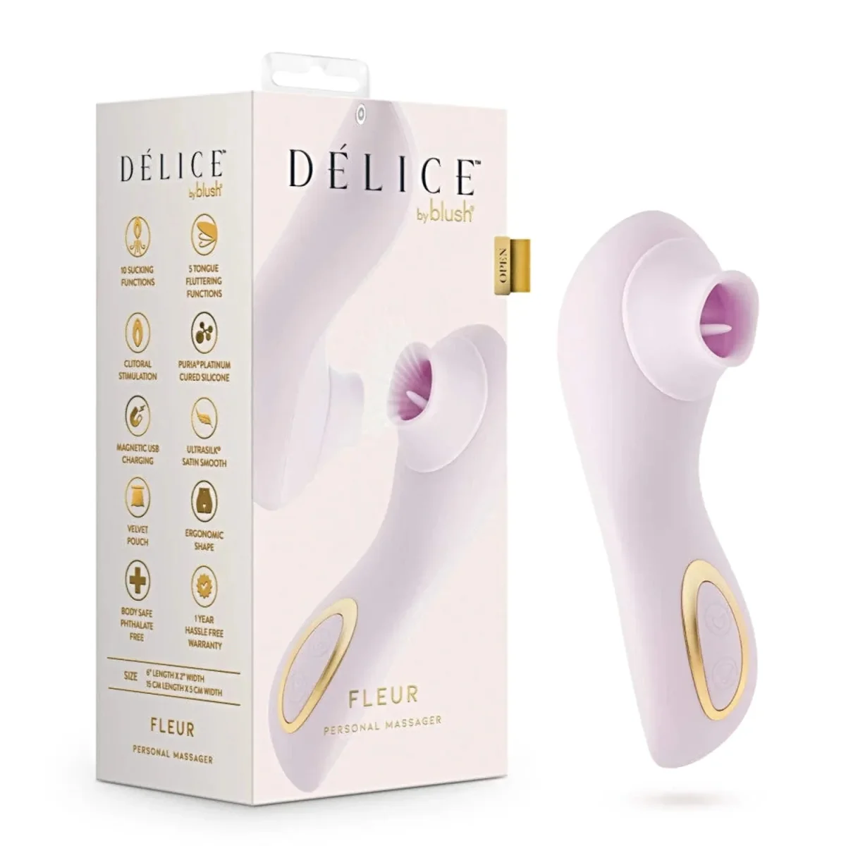 Delice™ By Blush® Fleur Kädessä pidettävä klitoriksen stimulaattori. Kieli lepattava imu. Tuskin violetti. Normaali. 85 $