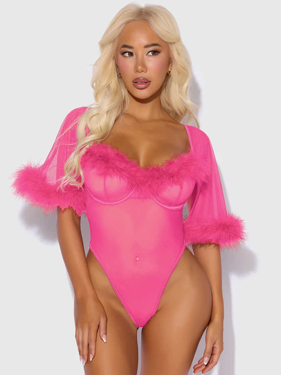 Marilyn Marabou Trim -body, jossa läpikuultava verkkokangas, kellohihat, kaarituetut kupit ja stringit