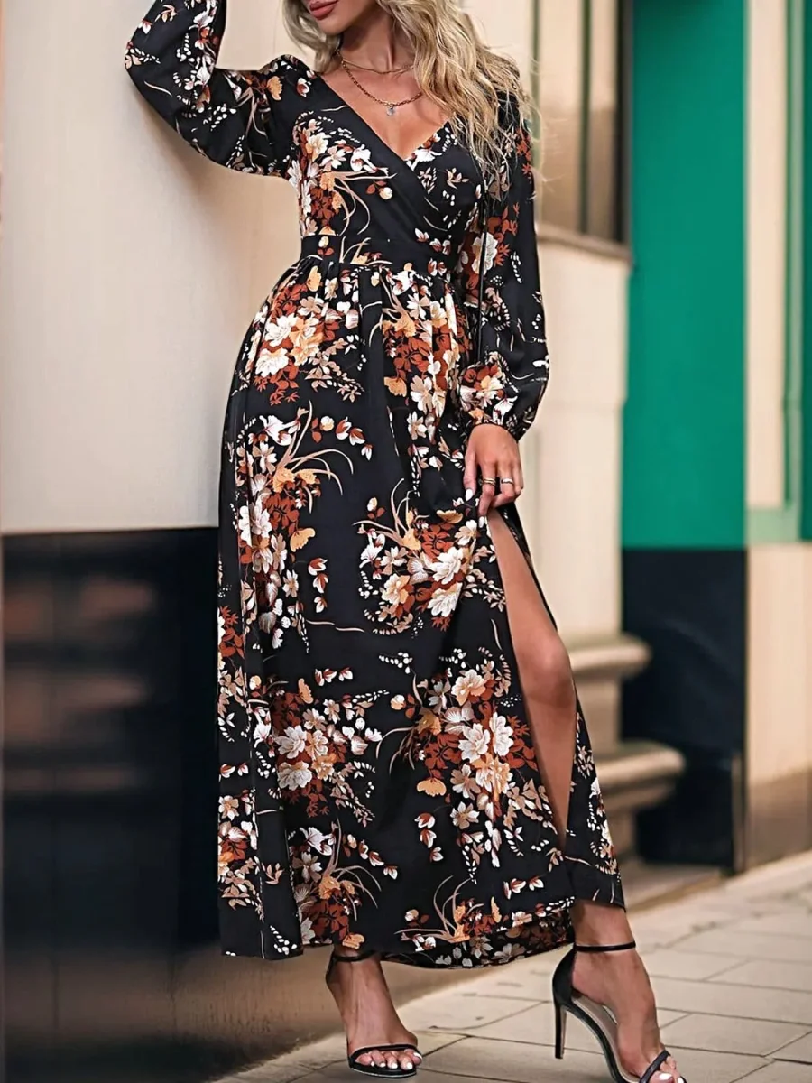 Perfee Elegant 100% Polyester Maxi Dress With Slit - Long Sleeve Surplice Design