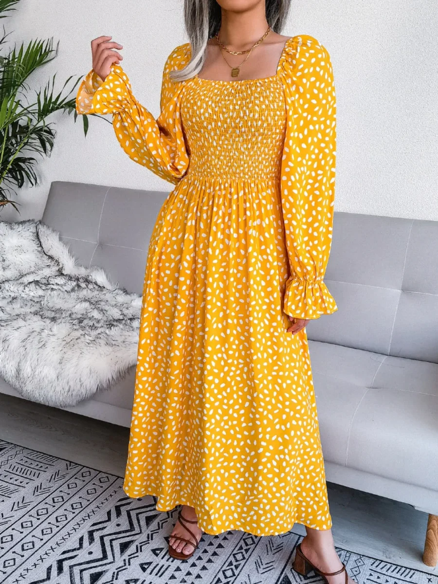 Elegant Smocked Square Neck Dress with Flounce Sleeves - 100% Polyester, Opaque Design