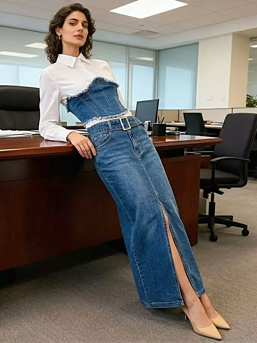 Trendsi-rispaantunut farkkutilkkutoppi ja halkiollinen maksihame - Two-Piece Denim Ensemble