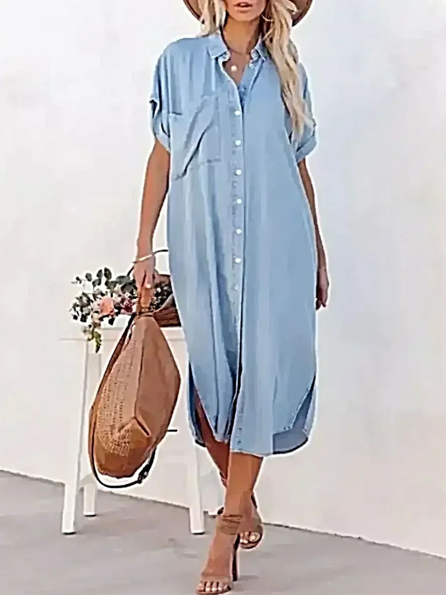 Elegantti napitettava midimekko farkkupaidalla - 100 % polyesteriä, räätälöity istuvuus, konepestävä